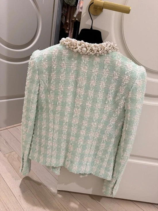 Balmain Mint Green Pearl-Trim Tweed Blazer - Picture 5 of 7